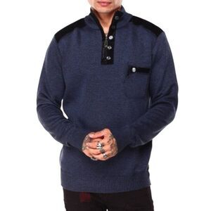 True Rock Quarter Zip Sweater Mens S Blue Black Mock Neck Long Sleeve New